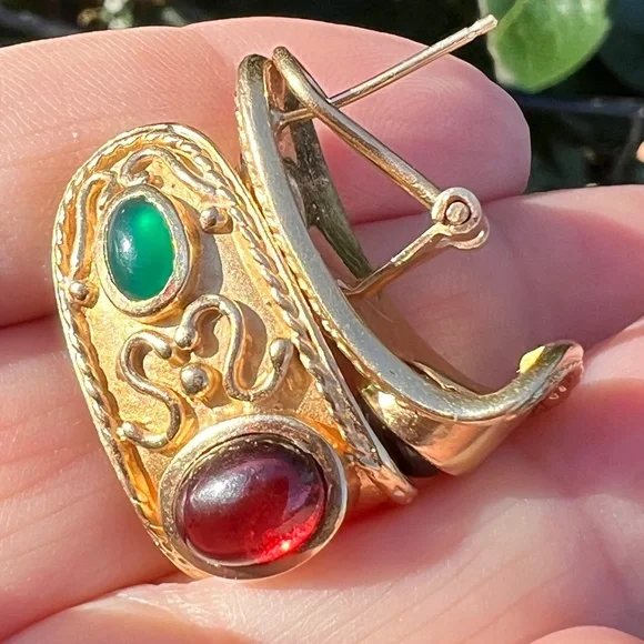 VINTAGE 14K GOLD CABOCHON GARNET GREEN CHRYSOPRASE EARRINGS STATEMENT CUSTOM - Picture 9 of 16